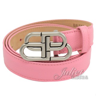 【茱麗葉精品】BALENCIAGA 巴黎世家 581690 復古BB LOGO荔枝牛皮紋針扣皮帶.亮粉 多尺寸 現貨在臺