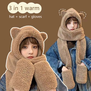 3 合 1 保暖帽子圍巾手套三件套女士百搭可愛熊帽子冬季防寒雙層加厚配件