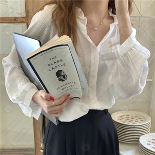✿chic秋季法式黑色木耳邊v領長袖襯衫女寬版緊身顯瘦百搭上衣女2022#AJE