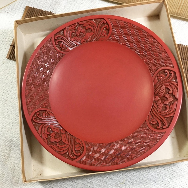 日本製 木製 村上堆朱 手工雕刻 圓茶盤 附紙盒(紀念版本)