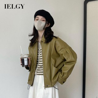 IELGY 女式日本複古翻領單排扣皮夾克