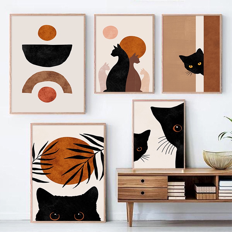 波西米亞海報黑貓帆布畫創意版畫客廳裝飾牆畫