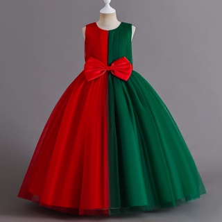 女童耶誕節禮服 拼接紅綠色兒童無袖洋裝 萬聖節派對舞會長款洋裝4-14歲