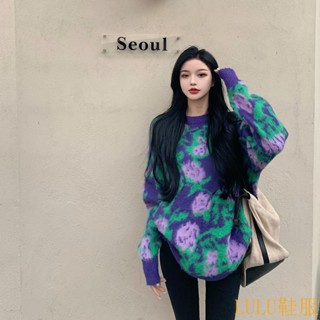 【LULU鞋服專櫃】毛衣女寬鬆外穿鞦鼕複古慵懶風加厚馬海毛圓領套頭長袖針織上衣潮