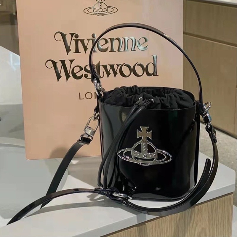 Vivienne Westwood 漆皮繫帶水桶包銀扣迷你高級斜挎包手提袋單肩包