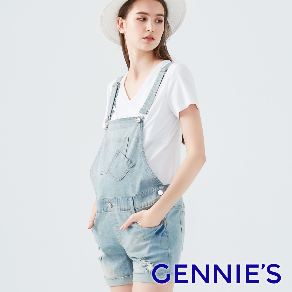 【Gennies 奇妮】美式復古刷破牛仔吊帶短褲-淺藍/深藍(TJD01)