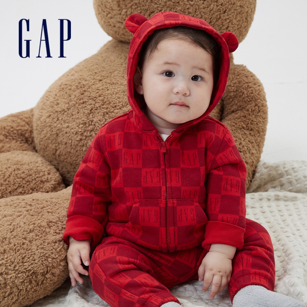 Gap 嬰兒裝 Logo熊耳印花連帽外套-紅色棋盤格(506930)