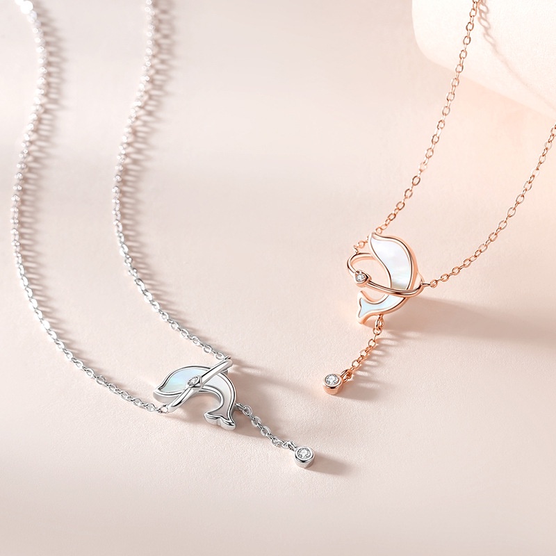 925銀環抱海豚項鍊 鎖骨鏈女超仙百搭森系氣質網紅韓版新款小眾禮物項鏈