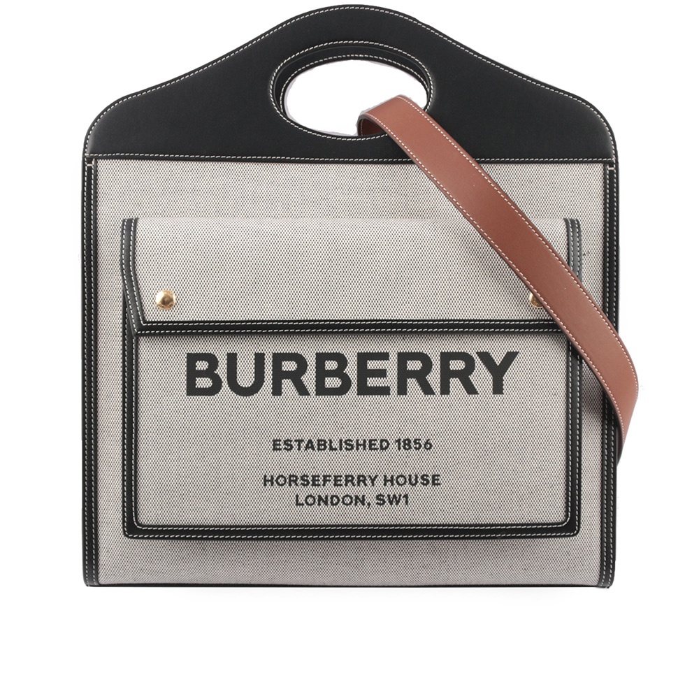 BURBERRY 帆布拼皮革雙色手提/肩背口袋包(中款)(黑色/棕褐色) 8042461