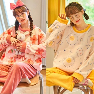 HaRu Star 秋冬保暖發熱居家服 珊瑚絨法蘭絨兩件式睡衣(長袖睡衣/女睡衣居家服/兩件式睡衣/保暖睡衣)