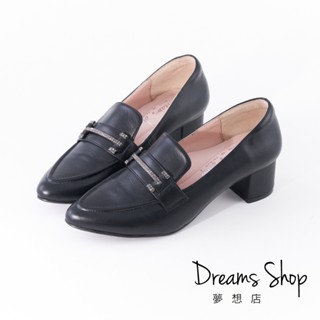DREAMS SHOP 寬楦氣墊_MIT真皮水鑽黑鍊尖頭低跟樂福鞋 黑色【PW902】大尺碼女鞋37-45