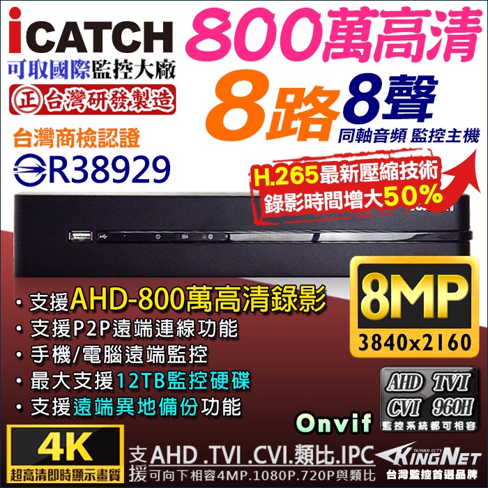 可取 800萬 KMQ-0825 icatch 監視器 4K H.265 8MP 8路 監控主機 AHD 500萬