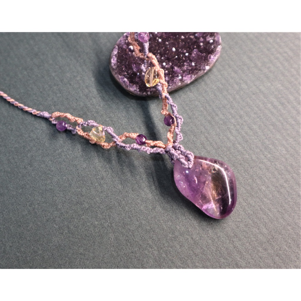 紫黃晶 /水晶原礦療癒項鍊/蠟線編織