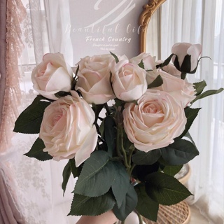 仿真優雅三頭淡粉色濕感玫瑰、極仿真玫瑰花、法式玫瑰花、仿真玫瑰花🥀