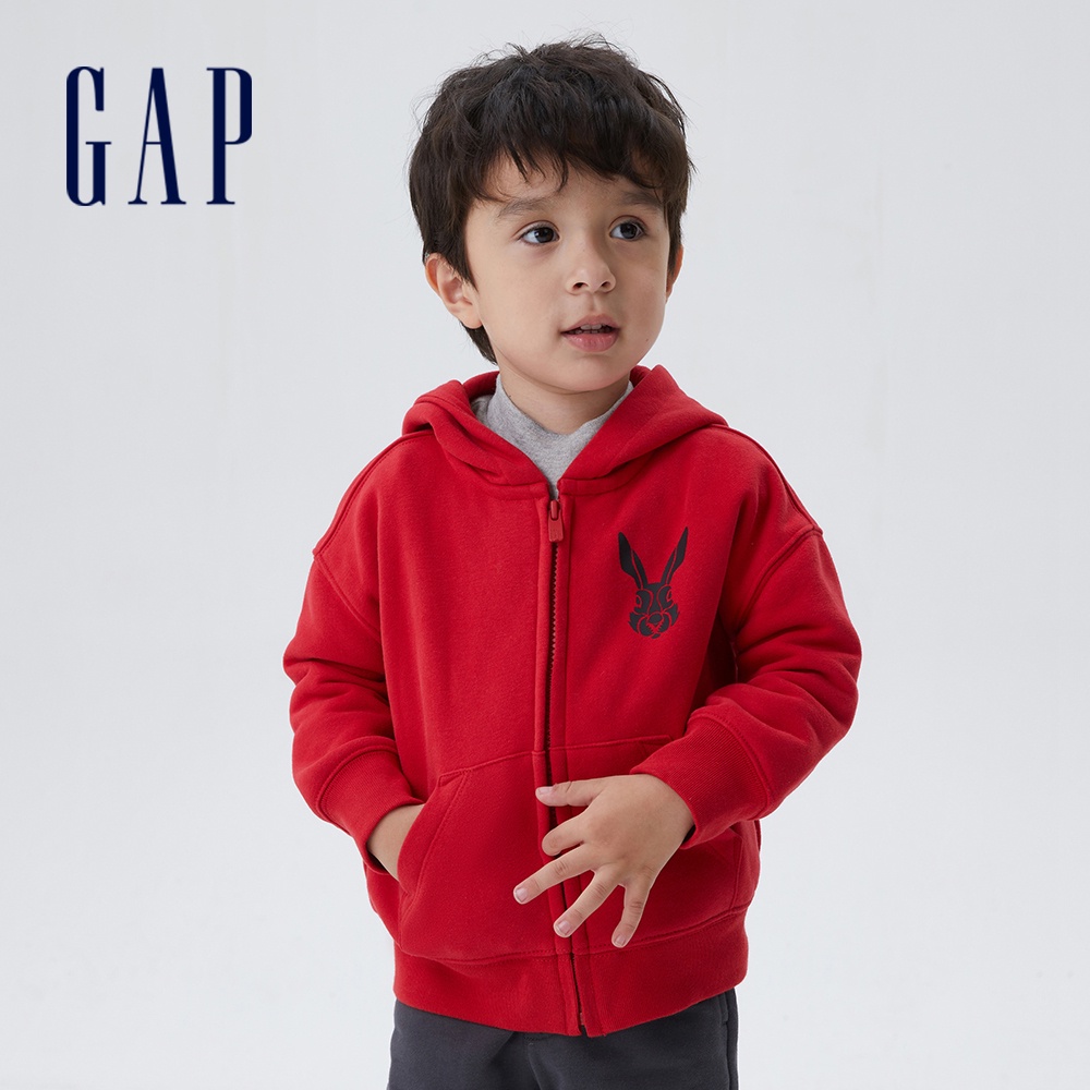 Gap 男幼童裝 Logo刷毛連帽外套 碳素軟磨系列-紅色(506974)