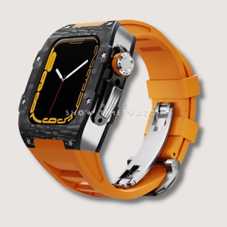 讓Apple Watch更百搭的救星/類RM 碳纖維+鈦合金 蘋果錶殼 44mm 45mm 銀殼 橘膠帶 [秀時堂]