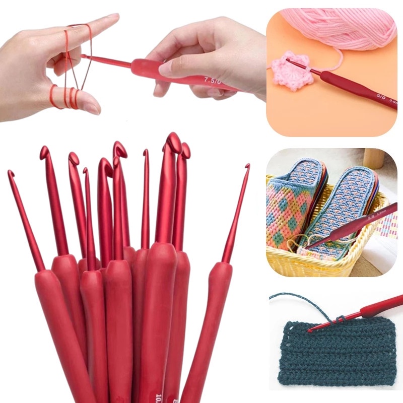 2-4 毫米紅色鋁鉤針矽膠手柄毛衣鉤針帽子手套圍巾編織鉤針手工娃娃花編織針紗線工藝品針織工具