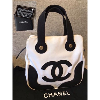 有卡有標 正品Chanel vintage少見款黑白帆布手提包
