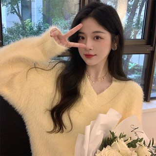 【臺灣 現貨】 韓版 日系 寬鬆 毛衣女 2024年 防水 貂毛 慵懶風 秋冬 港風 軟糯 溫柔 寬松 V領 針織上衣