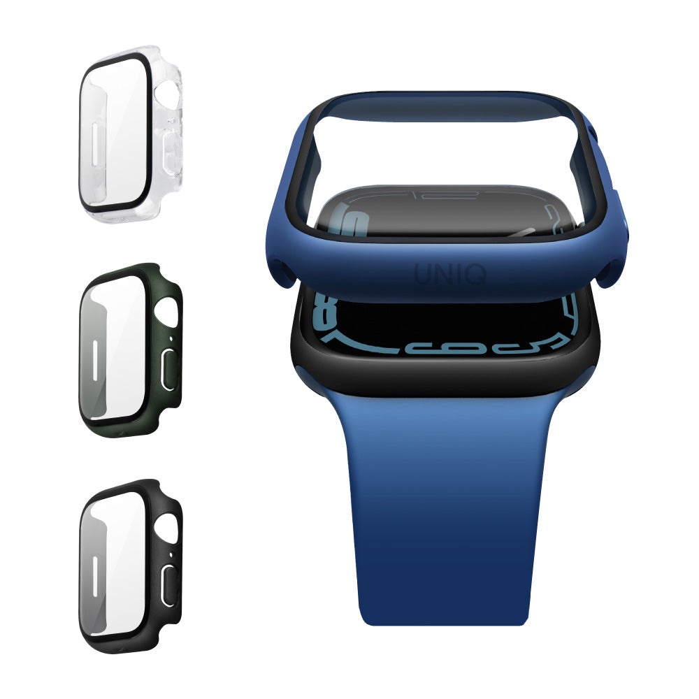 【樂貼膜】UNIQ Apple Watch 7 45/41 mm Legion 曲面鋼化玻璃錶殼 透明 黑色 藍色 綠色