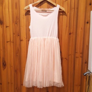 LOVFEE粉色彈性內襯內搭背心拼接紗裙長版洋裝L號