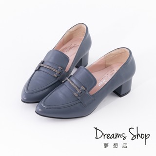 DREAMS SHOP 寬楦氣墊_MIT真皮水鑽黑鍊尖頭低跟樂福鞋 灰藍【PW902】大尺碼女鞋37-45