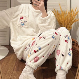 ☋♕❖【🎀限時特惠】 HelloKitty凱蒂貓珊瑚絨居家服 秋冬季睡衣女加絨加厚新款卡通家居服套裝 可愛睡衣