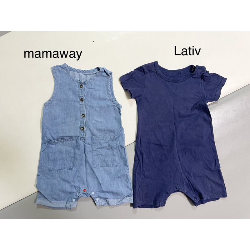 mamaway牛仔無袖連身短褲 lativ深藍色短袖連身褲 牛仔裝 嬰兒上衣 連身衣