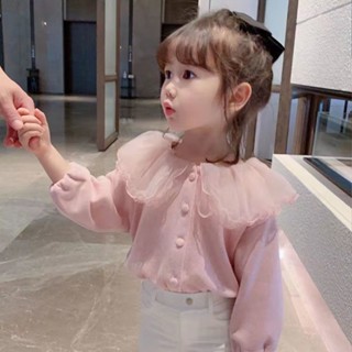 女童淑女蕾絲花邊翻領小外套 女童秋季新款寶貝甜美風素色上衣 素色上衣女童衣服 公主風蕾絲小外套