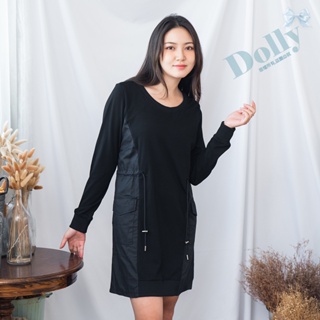 台灣現貨 大尺碼黑色異材質拼接收腰洋裝-Dolly多莉大碼專賣