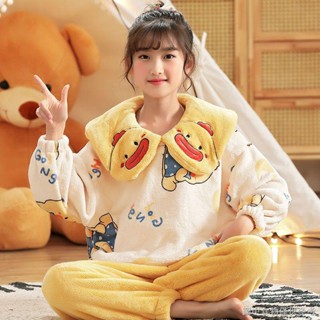 【法蘭絨兒童睡衣】【急速出貨】兒童法蘭絨女童睡衣秋冬加厚款女孩家居服中大童小黃鴨珊瑚絨套裝