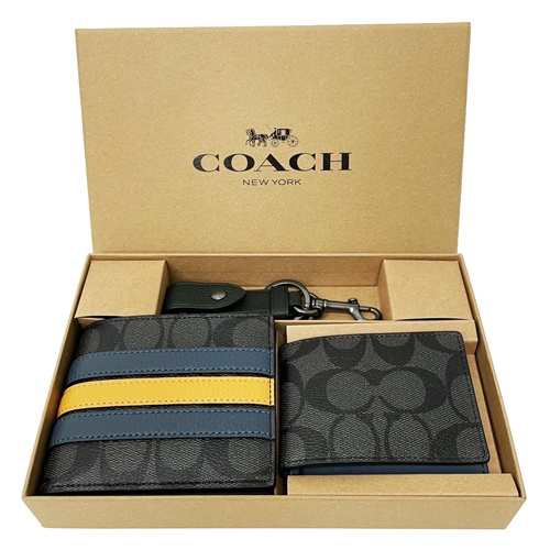 【COACH】男款8卡短夾附鑰匙圈活動證件夾禮盒(黑灰/藍黃橫紋)