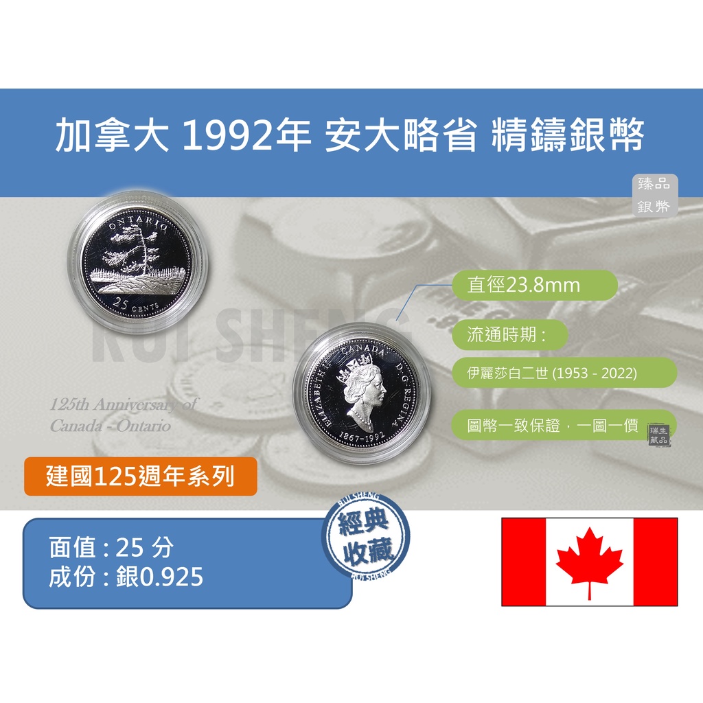 (銀幣) 美洲 加拿大 1992年 建國125週年系列 安大略省 25分 精鑄紀念銀幣 錢幣-附證書