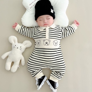 男嬰女童長袖連體衣0-24個月寶寶純棉春秋超可愛卡通小熊polo條紋連身衣韓版