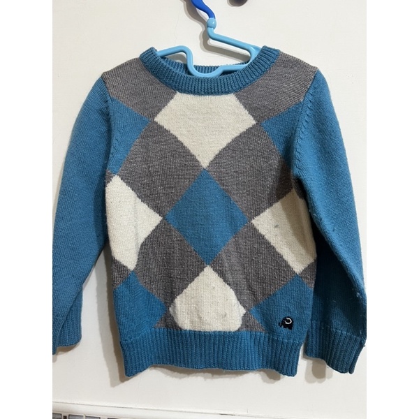 麗嬰房專櫃正品100-110公分可穿菱格紋藍色氣質學院毛衣上衣含羊毛保暖舒適