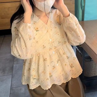 ✿襯衫女式襯衫設計感 Niche 花卉刺繡法式風格長袖上衣#AJE