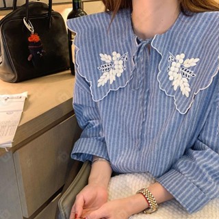 ✿法式甜美秋季新款重工葡萄刺繡娃娃翻領綁帶長袖寬鬆襯衫女裝上衣#AJE