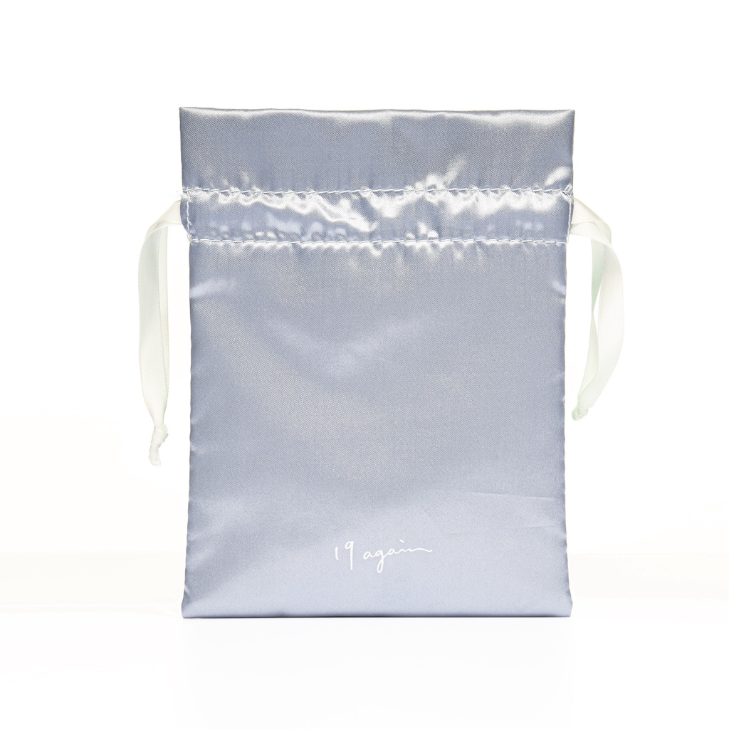 【19again】雙層緞面束口收納袋－大束口袋（18 X 24cm）居家小物收納 防塵套  超柔短毛絨 天藍色緞面布料