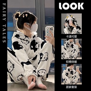 少女可愛kitty珊瑚絨睡衣 冬季加厚毛絨 居家套裝