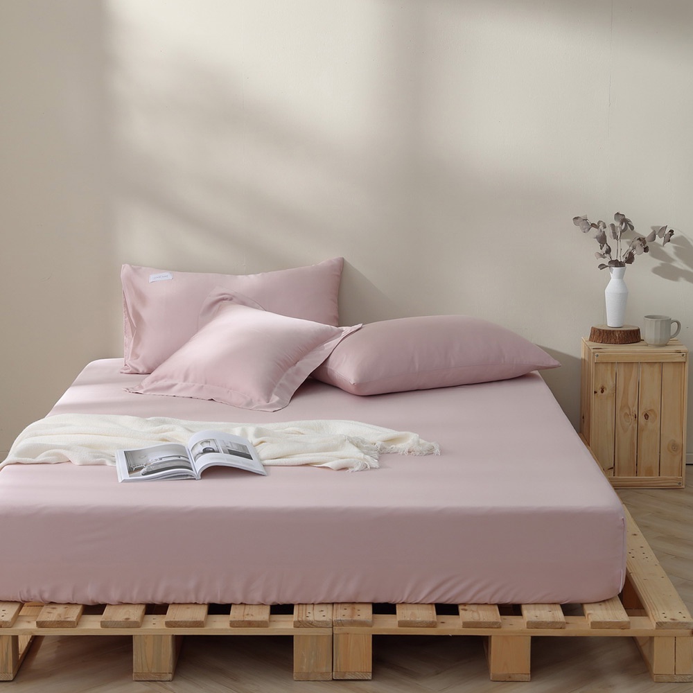 薄櫻粉-300織紗-純淨天絲三件式枕套床包組