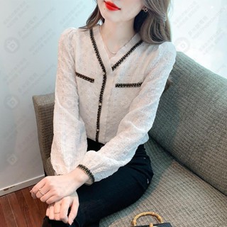 ✿名媛氣質V領長袖襯衫 秋季法式復古拼接褶皺上衣女#AJE