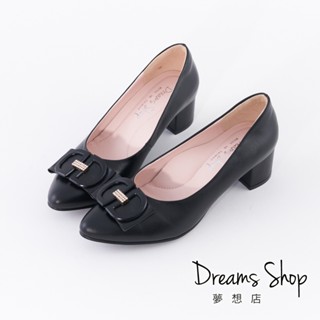 DREAMS SHOP 寬楦氣墊_MIT真皮水鑽雙D釦尖頭低跟鞋 黑色【PW937】大尺碼女鞋37-45