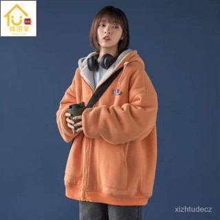 精選家 秋冬 羊羔毛常規型長袖外套女 純色3D口袋慵懶BF開衫 衛衣內刷毛加厚寬鬆 學生韓風chic連帽上衣潮