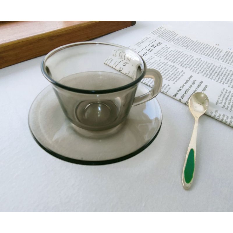 老木青 |早期法國製🇨🇵arcoroc薄霧灰褐玻璃杯盤組 咖啡杯 茶杯 老件收藏