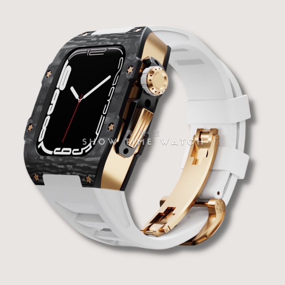 讓Apple Watch更百搭的救星/類RM 碳纖維+鈦合金 蘋果錶殼 44mm 45mm 玫殼 白膠帶 [秀時堂]