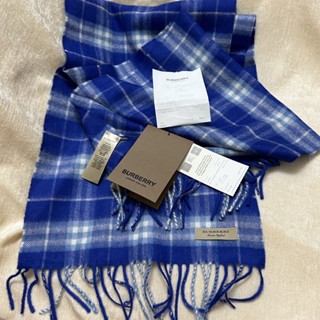 全新 Burberry 經典 藍色 格紋 喀什米爾 羊毛 山羊絨 流蘇 圍巾 披肩 長方形 長型 正品 保證真品 附購證