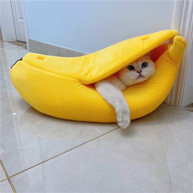封閉式四季香蕉貓窩香蕉船狗窩寵物泰迪比熊保暖睡袋創意水果貓床