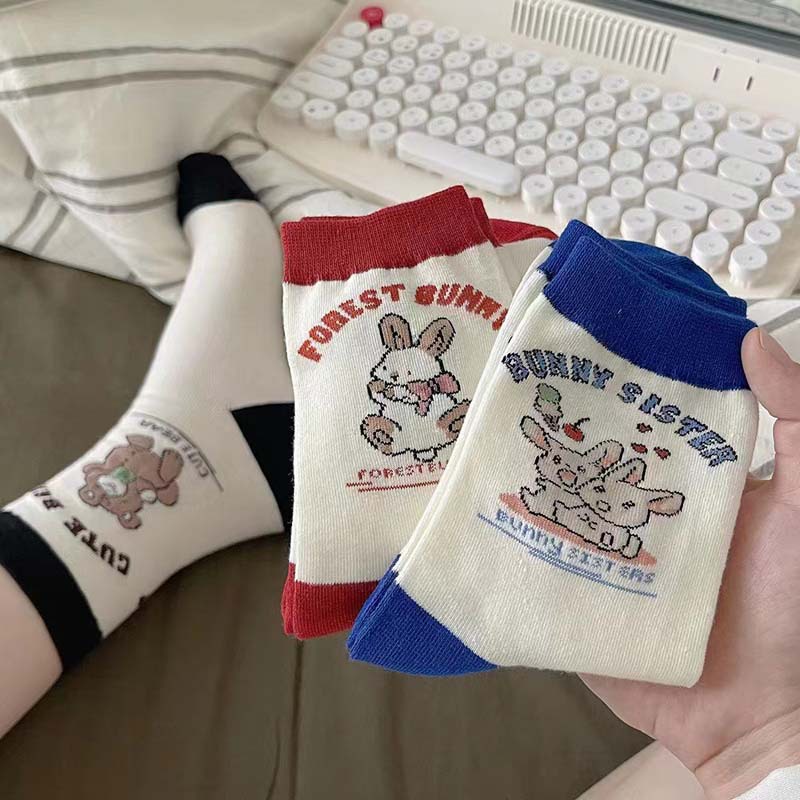 小熊中筒襪子女生 潮日系可愛 棉質復古長襪 韓國拼色襪