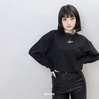 NIKE NSW SWOOSH TEE 黑色 銀鉤 線條 短版 薄長T 長袖【DR5633-010】女款