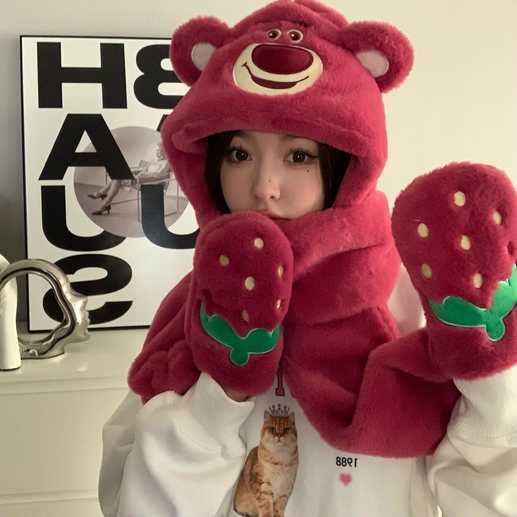草莓熊帽子圍巾手套三件式冬天保暖護耳圍脖一件式連帽子女冬大氣款#12.#12.5